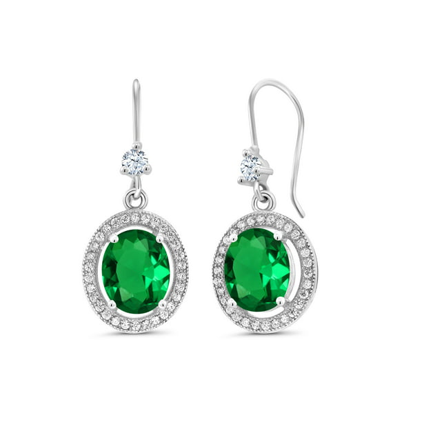 Oval Hanging Earrings Simulated Emerald Clear Simulated CZ .925 Sterling Silver 